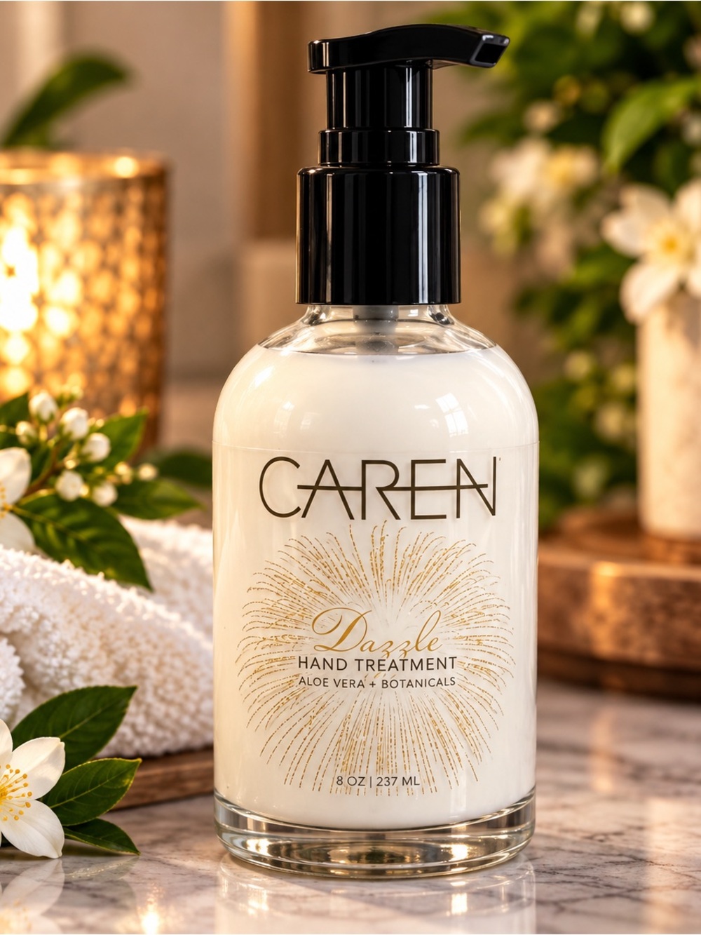 CAREN Dazzle Hand Treatment 8 oz Glass Pump Bottle Aloe Vera + Botanicals